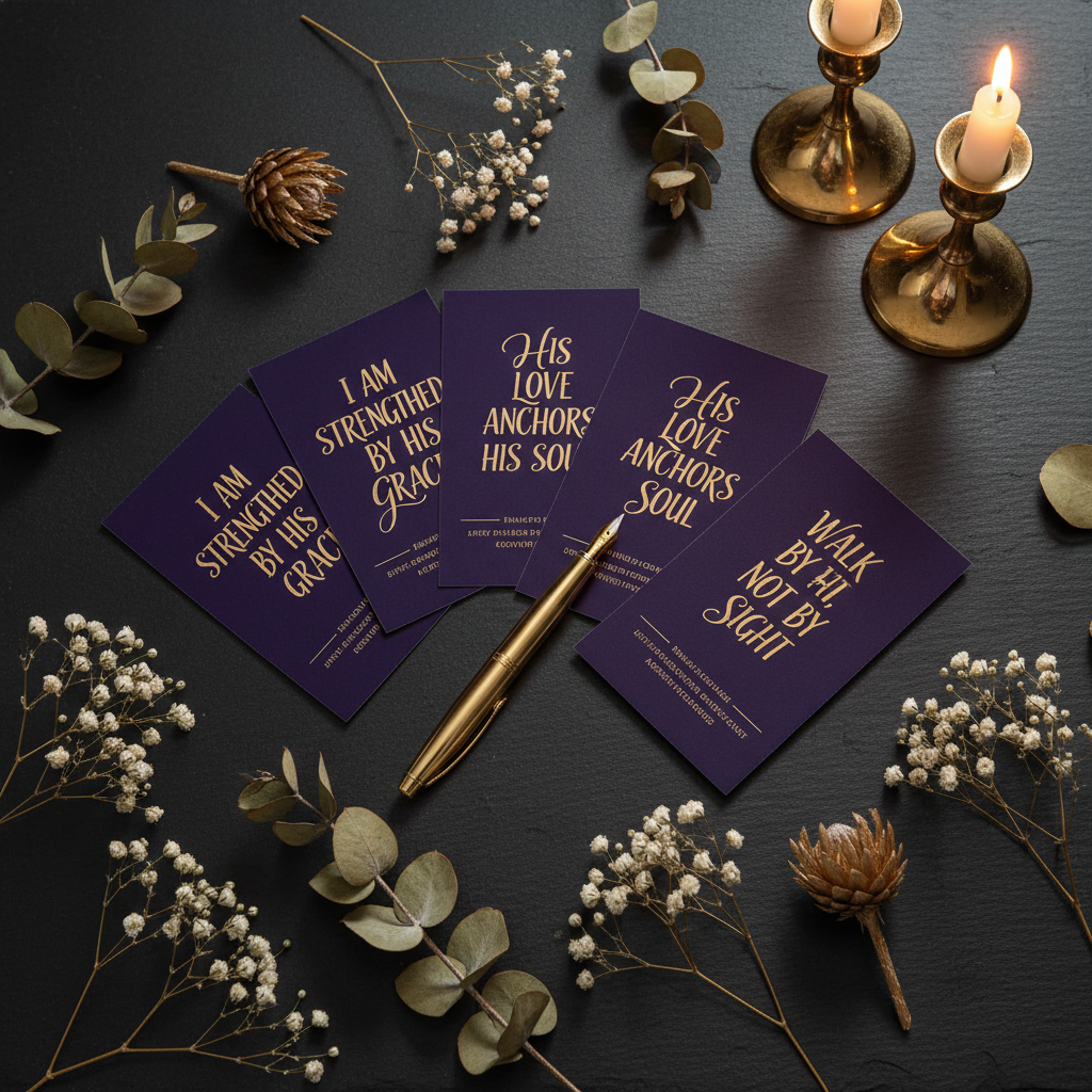 EmpowerHer Faith Digital Affirmation Cards premium mockup with gold and purple styling