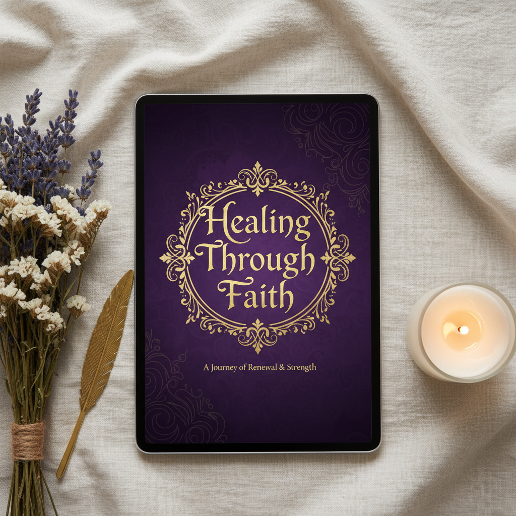 Healing Through Faith digital ebook mockup on tablet with gold and purple styling