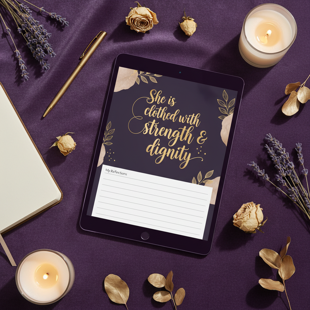 EmpowerHer Faith Digital Journal premium mockup on tablet with gold and purple styling