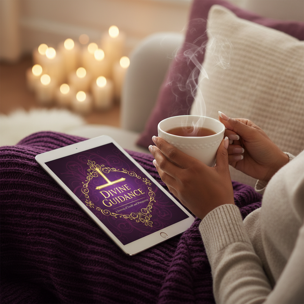 Hands with tea and faith ebook on couch