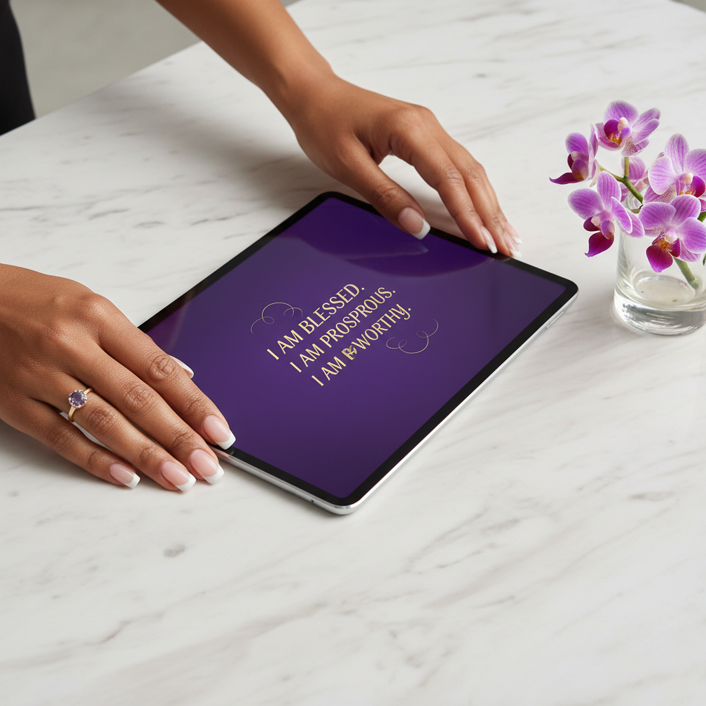 Hands placing tablet on marble desk with orchids