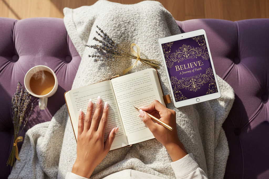 Overhead flat lay faith journal on couch
