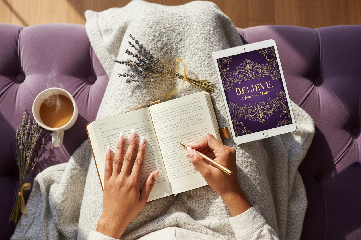 Overhead flat lay faith journal on couch