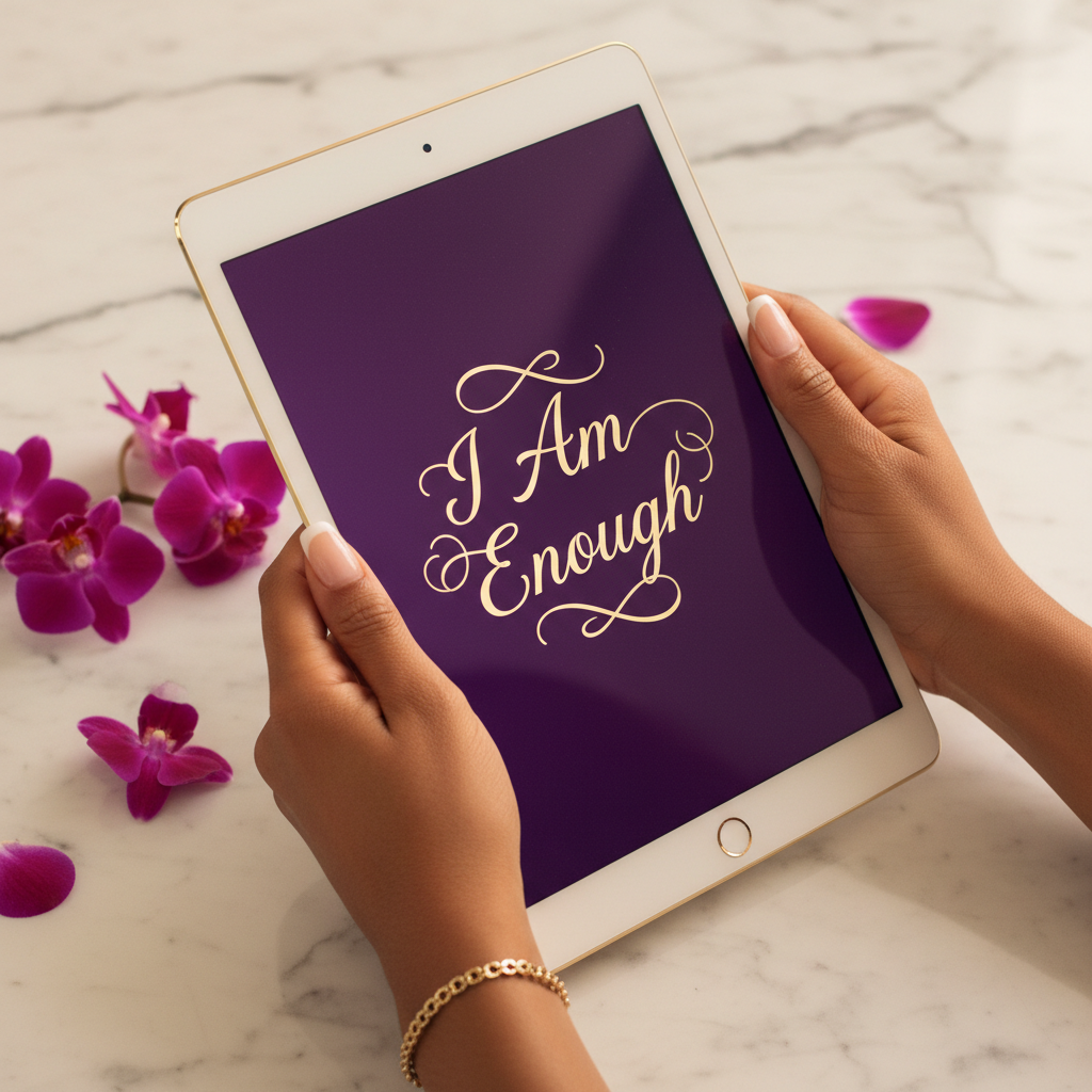 Hands holding affirmation tablet with gold text